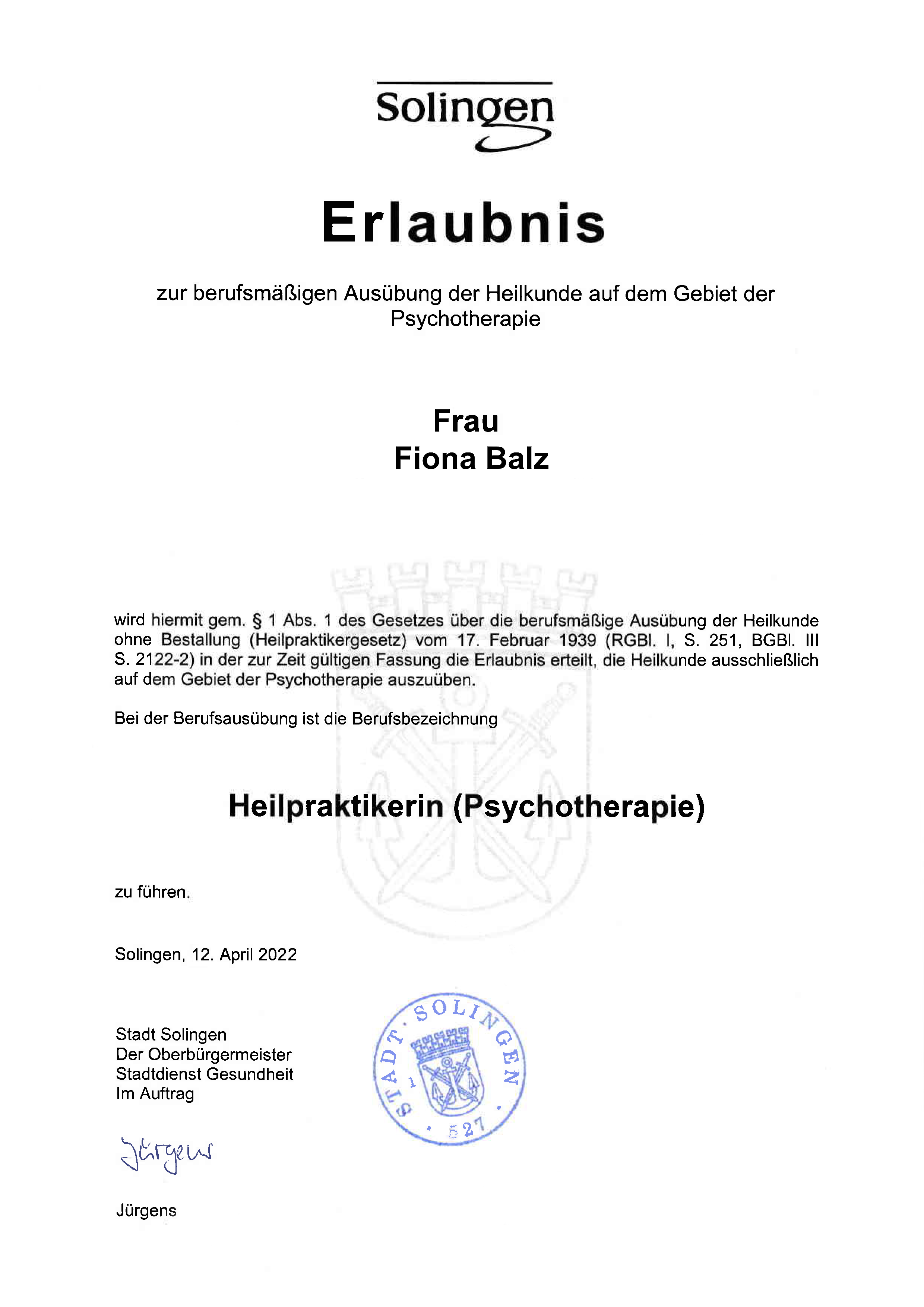 Zertifikat Heilpraktiker